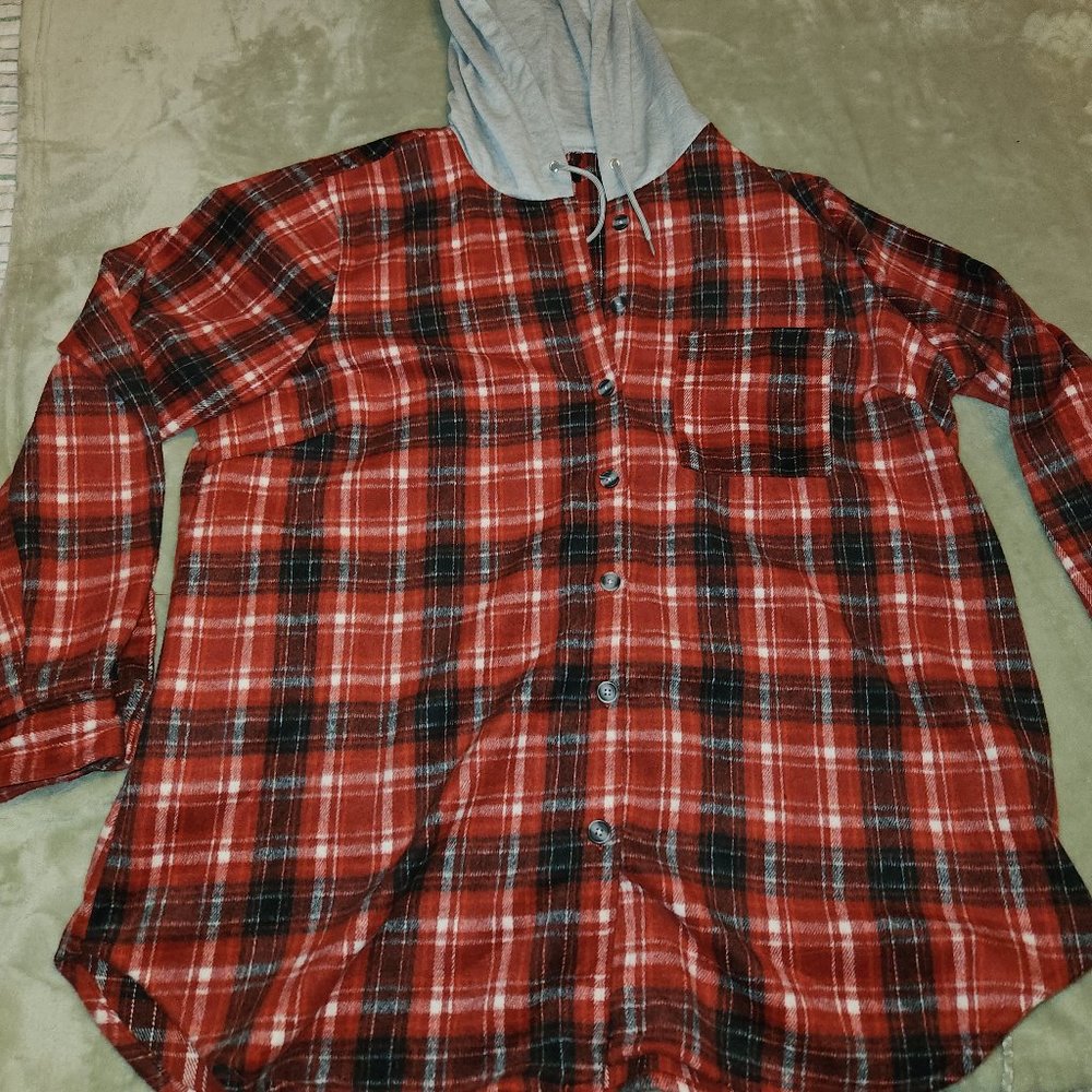 Forever 21 Red Plaid w/Gray Hood Shacket